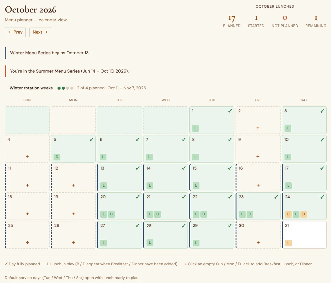 The menu planner's calendar view: a month of planned meals, the current menu series and the rotation weeks.